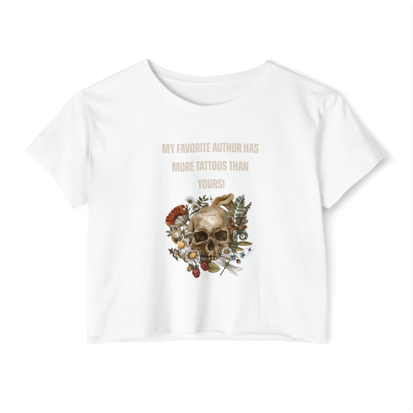Women's Festival Crop Top — 'My Favorite Author Has More Tattoos Than Yours' Floral Skull Crop Tee