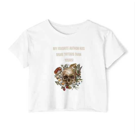 Women's Festival Crop Top — 'My Favorite Author Has More Tattoos Than Yours' Floral Skull Crop Tee