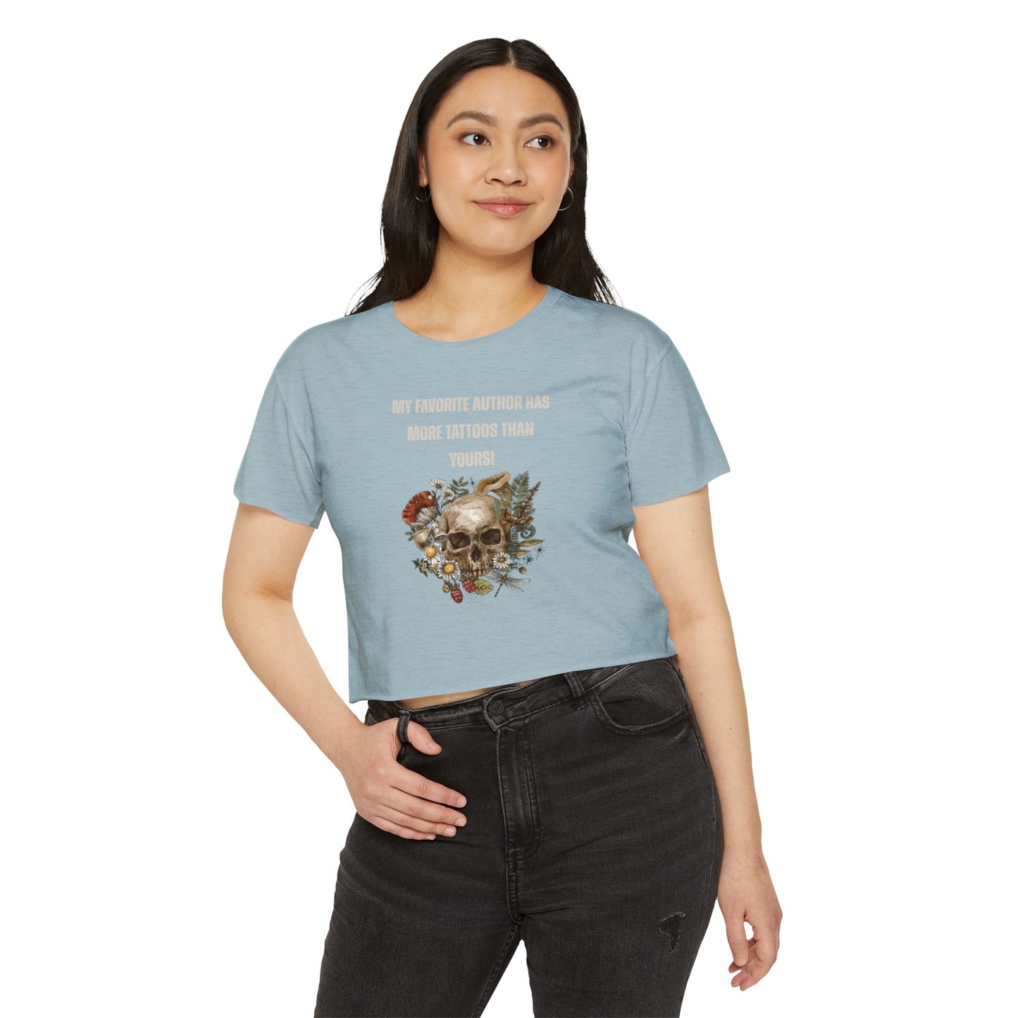 Women's Festival Crop Top — 'My Favorite Author Has More Tattoos Than Yours' Floral Skull Crop Tee