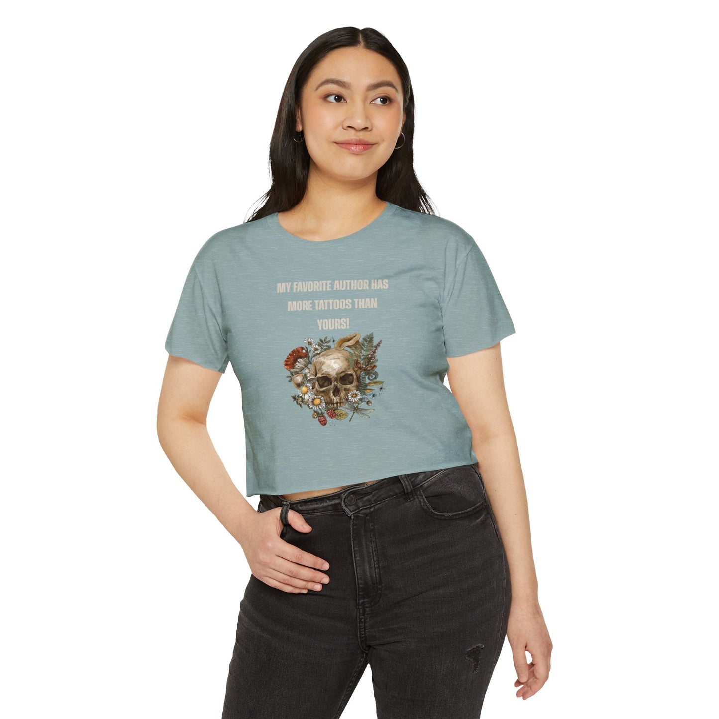 Women's Festival Crop Top — 'My Favorite Author Has More Tattoos Than Yours' Floral Skull Crop Tee