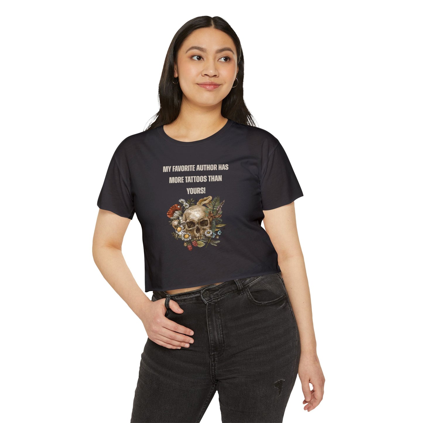 Women's Festival Crop Top — 'My Favorite Author Has More Tattoos Than Yours' Floral Skull Crop Tee