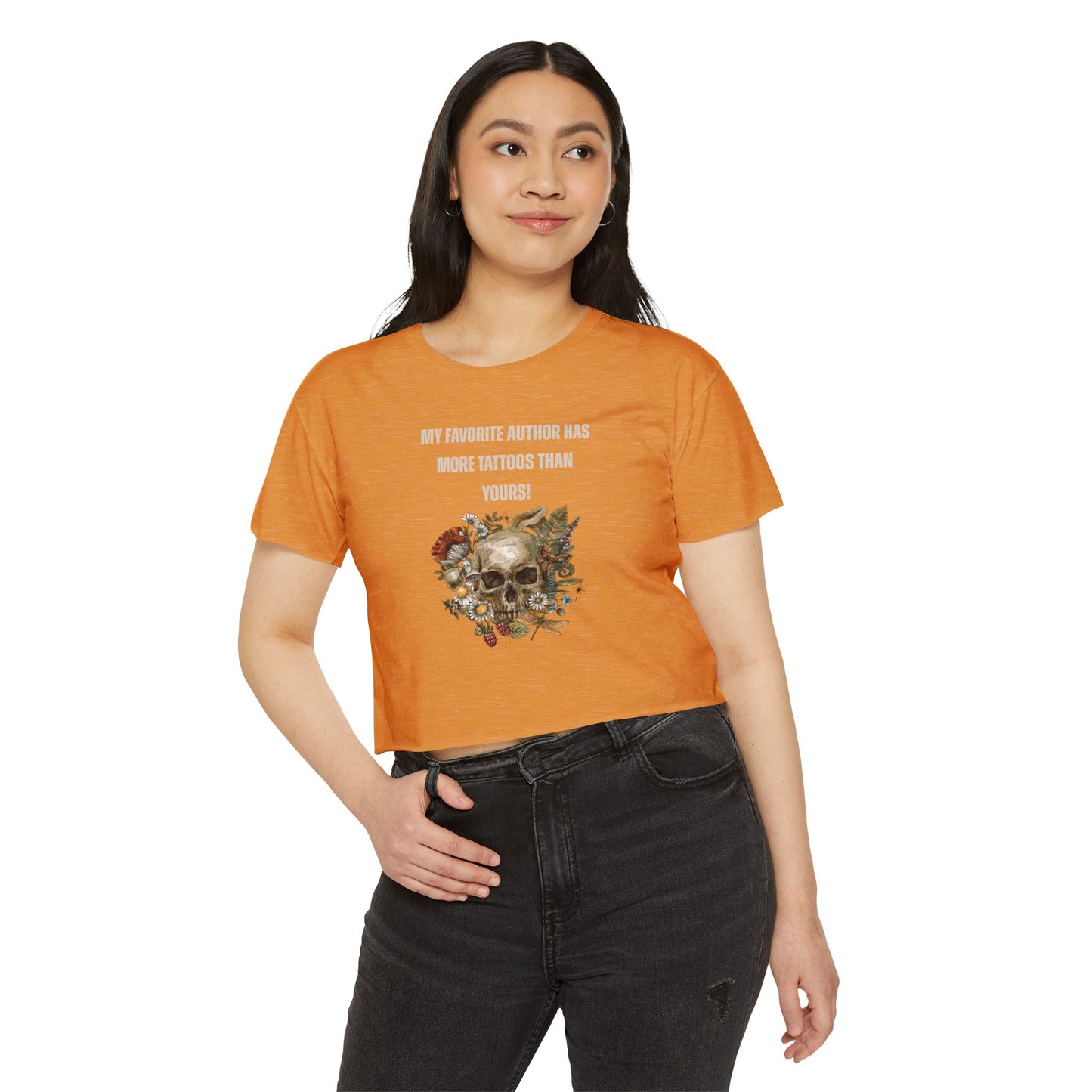 Women's Festival Crop Top — 'My Favorite Author Has More Tattoos Than Yours' Floral Skull Crop Tee