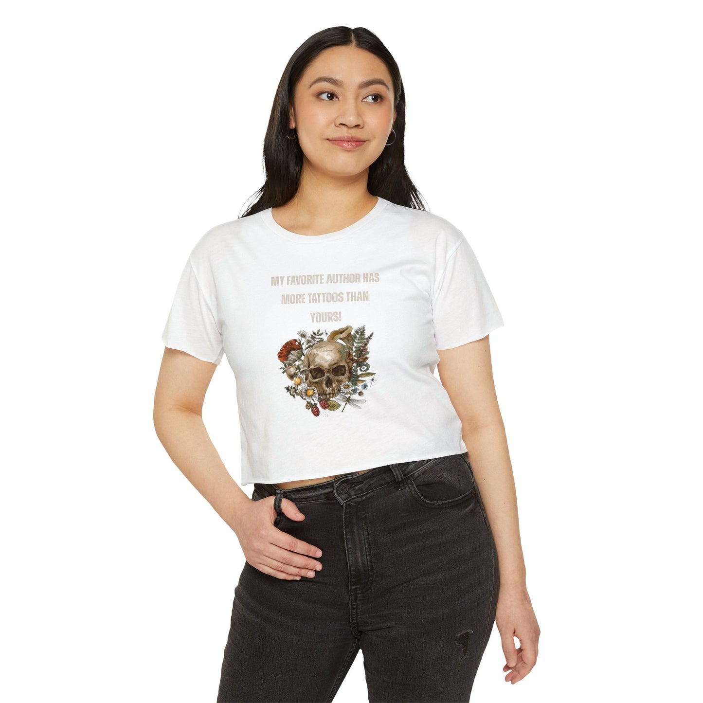 Women's Festival Crop Top — 'My Favorite Author Has More Tattoos Than Yours' Floral Skull Crop Tee